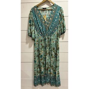 NWT Suzanne Betro Womens 3X Green Bohemian MaxiDress Smocked Waist